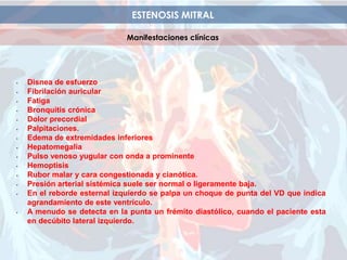ESTENOSIS MITRAL
Manifestaciones clínicas
• Disnea de esfuerzo
• Fibrilación auricular
• Fatiga
• Bronquitis crónica
• Dolor precordial
• Palpitaciones.
• Edema de extremidades inferiores
• Hepatomegalia
• Pulso venoso yugular con onda a prominente
• Hemoptisis
• Rubor malar y cara congestionada y cianótica.
• Presión arterial sistémica suele ser normal o ligeramente baja.
• En el reborde esternal izquierdo se palpa un choque de punta del VD que indica
agrandamiento de este ventrículo.
• A menudo se detecta en la punta un frémito diastólico, cuando el paciente esta
en decúbito lateral izquierdo.
 