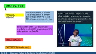 COMPLICACIONE
S
FIBRILACIÓN
AURICULAR
17% de los que tenían 21 a 30 años
45% de los que tenían 31 a 40 años
60% de los que tenían 41 a 50 años
80% de los que tenían más de 51 años.
En los pacientes con FA y EM, la supervivencia
a los 5 años es solo del 64% comparada con el 85%
en los pacientes con FA sin EM.
EMBOLIA SISTEMICA
ENDOCARDITIS (1% de los casos)
Man L. D. Braunwald Tratado de Cardiologia 10ma Edicion ELSEVIER
 