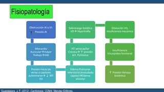 Fisiopatología
Obstrucción AI a VI:
Presión AI
Miocardio
Auricularmayor
TrabajoHAI
Presión hacia las
venas y capilares
pulmonares ↓ INT
O2
Edema Pulmonar
Intersticial (trasudado
capilar)Edema
alveolar
HT venocapilar
Crónica ↑ presión
Art. Pulmonar
Sobrecarga Sistólica
VD Hipertrofia
Dilatación VD,
Insuficiencia mecánica
Insuficiencia
tricuspidea funcional
↑ Presión Venosa
Sistémica
Guadalajara, J. F. (2012). Cardiología. CDMX: Mendez Editores.
 