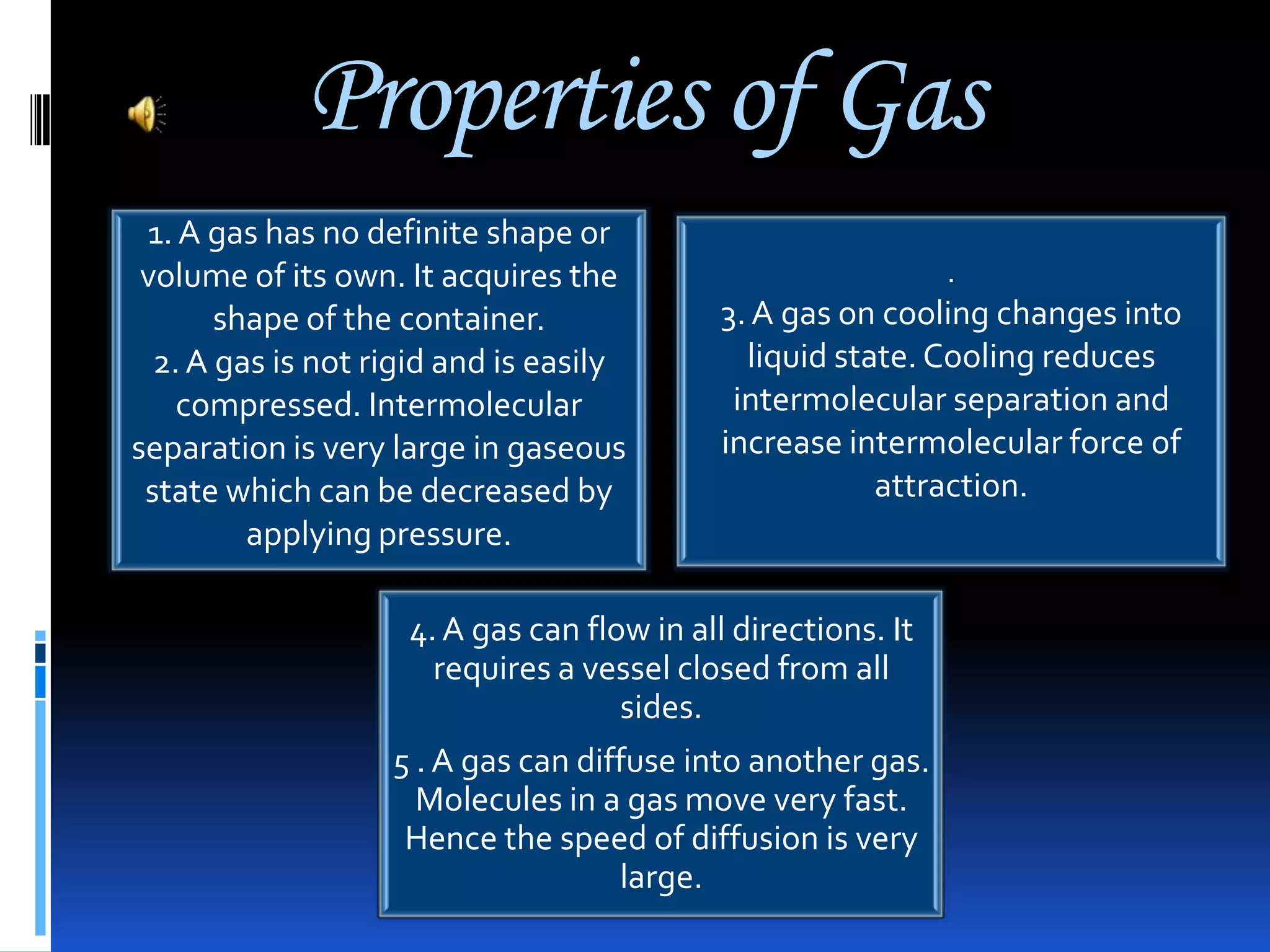 Properties of Gas
1. A gas has no definite shape or
volume of its own. It acquires the
shape of the container.
2. A gas is not rigid and is easily
compressed. Intermolecular
separation is very large in gaseous
state which can be decreased by
applying pressure.

.

3. A gas on cooling changes into
liquid state. Cooling reduces
intermolecular separation and
increase intermolecular force of
attraction.

4. A gas can flow in all directions. It
requires a vessel closed from all
sides.
5 . A gas can diffuse into another gas.
Molecules in a gas move very fast.
Hence the speed of diffusion is very
large.

 
