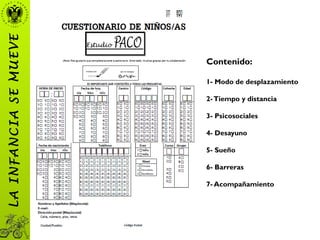 Contenido:
1- Modo de desplazamiento
2-Tiempo y distancia
3- Psicosociales
4- Desayuno
5- Sueño
6- Barreras
7- Acompañamiento
LAINFANCIASEMUEVE
 