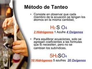 Método de Tanteo Consiste en observar que cada miembro de la ecuación se tengan los átomos en la misma cantidad,  H 2  S  O 4   2 Hidrógenos  1 Azufre  4 Oxígenos Para equilibrar ecuaciones, solo se agregan coeficientes a las formulas que lo necesiten, pero no se cambian los subíndices. 5H 2 S O 4 10 Hidrógenos  5 azufres  20 Oxígenos 