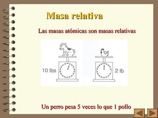 Masa relativaMasa relativa
Las masas atómicas son masas relativasLas masas atómicas son masas relativas
Un perro pesa 5 veces lo que 1 polloUn perro pesa 5 veces lo que 1 pollo
 