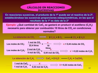 En reacciones sucesivas, el producto de la 1ª puede ser el reactivo de la 2ª, estableciéndose las sucesivas proporciones estequiométricas, en las que el resultado de la 1ª es dato de la 2ª Ejemplo:  ¿Qué cantidad de CaC 2  se gastará en producir el acetileno (C 2 H 2 ) necesario para obtener por combustión 10 litros de CO 2  en condiciones normales? n  = 0,44 moles de CO 2 Los moles de CO 2 : Los moles de C 2 H 2 : n´  = 0,22 moles de C 2 H 2 La obtención de CO 2 La obtención de C 2 H 2 2  C 2 H 2   + 5  O 2   4  CO 2  + 2  H 2 O 1 mol de CO 2 22,4 litros = n 10 litros CÁLCULOS EN REACCIONES SUCESIVAS 2 mol de C 2 H 2 = n´ 4 mol de CO 2 0,44 mol de CO 2 CaC 2  + 2  H 2 O  C 2 H 2  +  Ca(OH) 2 1 mol de CaC 2 = X 1 mol de C 2 H 2 0,22 mol de C 2 H 2 X  = 0,22 moles de CaC 2 