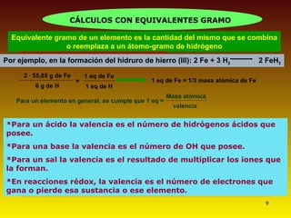 Equivalente gramo de un elemento es la cantidad del mismo que se combina o reemplaza a un átomo-gramo de hidrógeno 1 eq de Fe = 1/3 masa atómica de Fe Por ejemplo, en la formación del hidruro de hierro (III): 2 Fe + 3 H 2   2 FeH 3 2 · 55,85 g de Fe 6 g de H = 1 eq de Fe 1 eq de H CÁLCULOS CON EQUIVALENTES GRAMO Masa atómica valencia Para un elemento en general, se cumple que 1 eq =  *Para un ácido la valencia es el número de hidrógenos ácidos que posee. *Para una base la valencia es el número de OH que posee. *Para un sal la valencia es el resultado de multiplicar los iones que la forman. *En reacciones rédox, la valencia es el número de electrones que gana o pierde esa sustancia o ese elemento. 