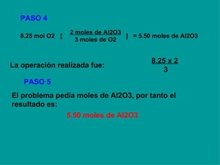 PASO 4 8.25 x 2   3 La operación realizada fue: PASO 5 = 5.50 moles de Al2O3 ] 2 moles de Al2O3  3 moles de O2 [  8.25 mol O2 5.50 moles de Al2O3 El problema pedía moles de Al2O3, por tanto el resultado es: 