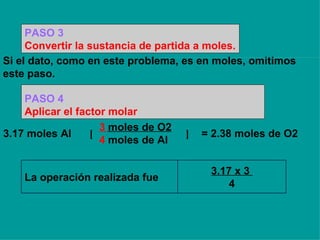 Si el dato, como en este problema, es en moles, omitimos  este paso.     PASO 3 Convertir la sustancia de partida a moles. PASO 4 Aplicar el factor molar = 2.38 moles de O2 ] 3  moles de O2   4  moles de Al [ 3.17 moles Al 3.17 x 3  4 La operación realizada fue 