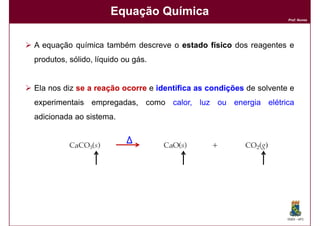 Equação Química
                                                                    Prof. Nunes




A equação química também descreve o estado físico dos reagentes e
produtos, sólido, líquido ou gás.


Ela nos diz se a reação ocorre e identifica as condições de solvente e
experimentais empregadas, como calor, luz ou energia elétrica
adicionada ao sistema.




                                                                    DQOI - UFC
 