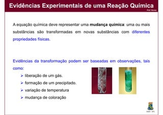 Evidências Experimentais de uma Reação Química
                                                                  Prof. Nunes




 A equação química deve representar uma mudança química uma ou mais
                                                química:
 substâncias são transformadas em novas substâncias com diferentes
 propriedades físicas
              físicas.




 Evidências da transformação podem ser baseadas em observações, tais
 como:
 como:
         liberação de um gás.
         formação de um precipitado.
         variação de temperatura
         mudança de coloração


                                                                  DQOI - UFC
 