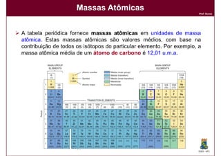 Massas Atômicas
                                                                       Prof. Nunes




A tabela periódica fornece massas atômicas em unidades de massa
atômica.
atômica Estas massas atômicas são valores médios, com base na
contribuição de todos os isótopos do particular elemento. Por exemplo, a
massa atômica média de um átomo de carbono é 12,01 u.m.a.
                                                   12,




                                                                       DQOI - UFC
 