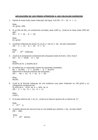APLICACIÓN DE LOS PESOS ATÓMICOS A LOS CÁLCULOS QUÍMICOS

1.   Calcule la masa molar (peso molecular) del agua, H2O (PA : O = 16; H = 1)

     Resp.
     18 g/mol (PM)

2.   Si un litro de SO2, en condiciones normales, pesa 2,857 g., ¿Cuál es la masa molar (PM) del
     gas?
     (PA : S = 32; O = 16)

     Resp.
     64 g/mol

3.   ¿Cuántas moléculas de azúcar (C12H22O11) hay en ½ Kg. de este compuesto?
     (PA : C = 12; O = 16; H = 1).

     Resp.
     8,8 ·       1023 moléculas

4.   ¿Cuál es la composición centesimal del compuesto óxido de hierro (III), Fe2O3?
     (PA : Fe = 55,85; O = 16)

     Resp.
     69,94% de Fe y 30,06% de O

5.   El análisis de un compuesto mostró los siguientes resultados:
     Na = 32,39% ; S = 22,54% ; O = 45,07%
     Determine la fórmula empírica del compuesto.
     (PA : Na = 23; O = 16, S = 32)

     Resp.
     Na2SO4

6.   ¿Cuál es la fórmula molecular de una sustancia cuyo peso molecular es 140 g/mol y su
     composición centesimal es?:
     51,42% de C; 8,5% de H y 40% de N
     (PA : C = 12; N = 14; H = 1)

     Resp.
     C6N4H12

7.   Si el peso atómico del C es 12, ¿Cuál es la masa en gramos de un átomo de C?

     Resp.
     2 · 10-23     g.

8.   ¿Cuántos átomos de mercurio hay en una botella que contiene 1 Kg. de este metal?
     (PA : 200)

     Resp.
     3 · 1024           átomos




                                           14
 