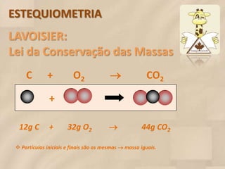 ESTEQUIOMETRIA
LAVOISIER:
Lei da Conservação das Massas
     C        +          O2                            CO2

               +

  12g C        +       32g O2                        44g CO2

  Partículas iniciais e finais são as mesmas  massa iguais.
 