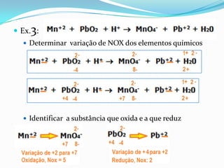 3
 Ex. :
   Determinar variação de NOX dos elementos químicos




   Identificar a substância que oxida e a que reduz
 