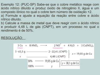 Exemplo 12: (PUC-SP) Sabe-se que o cobre metálico reage com
ácido nítrico diluído e produz óxido de nitrogênio II, água e um
composto iônico no qual o cobre tem número de oxidação +2.
a) Formule e ajuste a equação da reação entre cobre e ácido
nítrico diluído.
b) Calcule a massa de metal que deve reagir com o ácido nítrico
e produzir 4,48 L de gás (CNPT), em um processo no qual o
rendimento é de 50%.
RESOLUÇÃO:
 