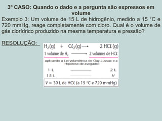 3º CASO: Quando o dado e a pergunta são expressos em
volume
Exemplo 3: Um volume de 15 L de hidrogênio, medido a 15 °C e
720 mmHg, reage completamente com cloro. Qual é o volume de
gás clorídrico produzido na mesma temperatura e pressão?
RESOLUÇÃO:
 