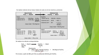 . Se realizan cálculos de las masas molares de cada uno de los reactivos y productos
REACTIVOS
FeCl3 + 3NaOH
PRODUCTOS
Fe(OH)3 + 3NaCl
FeCl3
1 átomo de Fe 1X55.85g = 55.85u
3 átomos de Cl 3X35.45g = 106.35u
162.20 u
masa molar =162.20g/mol
Fe(OH)3
1 átomo de Fe 1X55.85 = 55.85 u
3 átomos de O 3X16 = 48.0 u
3 átomos de H 3X1 = 3 .0 u
106.85 u
masa molar =106.85 g/mol
3NaOH
3 átomos de Na 3X23g = 69 u
3 átomos de O 3X16g = 48 u
3 átomos de H 3X 1g = 3 u
120 u
masa molar = 120 g /mol
3NaCl
3 átomos de NaCl 3X23 g = 69.0 u
3 átomos de Cl 3X35.45g = 106.35u
175.35 u
masa molar = 175.35g/mol
Se realizan los cálculos correspondientes:
FeCl3 + 3NaOH Fe(OH)3 + 3NaCl
162.20g 106.85g
980g X
Resolviendo:
X = (980g FeCl3) (106.85g Fe(OH)3) = 645.58g de Fe(OH)3
162.20 g FeCl3
Por lo tanto, a partir de 980 g de FeCl3 se producirán 645.58 g de Fe(OH)3
 