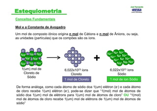 Conceitos FundamentaisConceitos Fundamentais
Mol e a Constante de Avogadro
Um mol de composto iônico origina n mol de Cátions e n mol de Ânions, ou seja,
as unidades (partículas) que os compões são os íons.
Cl-
Cl-
Na+
Na+
Cl-
Cl-
Na+
Cl-
Cl-
Na+
Cl-
Na+
Cl-
Cl-
Cl-
Na+
Cl-
Na+
Na+
Cl-
Cl-
Cl-
Cl-
Cl-
Cl-
Cl-
Cl-
Cl-
Cl-
Cl-
Na+
Na+
Na+
Na+
Na+
Na+
Na+
Na+
Na+
Na+
Na+
Na+
1(um) mol de
Cloreto de
Sódio
6,022x1023 íons
Cloreto
6,022x1023 íons
Sódio
1 mol de Cloreto
+
1 mol de íon Sódio
De forma análoga, como cada átomo de sódio doa 1(um) elétron (e-) e cada átomo
de cloro recebe 1(um) elétron (e-), pode-se dizer que “1(mol) mol de átomos de
sódio doa 1(um) mol de elétrons para 1(um) mol de átomos de cloro” OUOU “1(mol)
mol de átomos de cloro recebe 1(um) mol de elétrons de 1(um) mol de átomos de
sódio”
Joel FernandoJoel Fernando
 