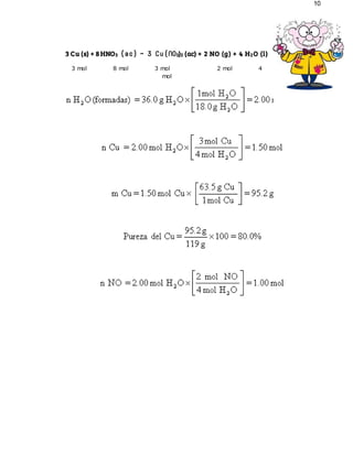 10
3 Cu (s) + 8 HNO3 (ac) → 3 Cu(NO3)2 (ac) + 2 NO (g) + 4 H2O (l)
3 mol 8 mol 3 mol 2 mol 4
mol
 