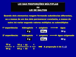 LEI DAS PROPORÇÕES MÚLTIPLAS
ou
LEI DE DALTON
4 g 64 g 68 g
hidrogênio oxigênio água
+
1ª experiência:
4 g 32 g 36 g
Quando dois elementos reagem formando substâncias diferentes,
se a massa de um dos dois permanecer constante, a massa do
outro irá variar segundo valores múltiplos ou submúltiplos
hidrogênio oxigênio água oxigenada
+
2ª experiência:
32 g
64 g
=
32 g
64 g
:
:
32
32
=
1
2
A proporção é de 1 : 2
 