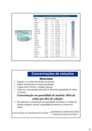 11
Molaridade
• Solução = é o soluto dissolvido em solvente.
• Soluto: está presente em menor quantidade.
• A água como solvente = soluções aquosas.
• Altera-se a concentração utilizando-se diferentes quantidades de soluto
e solvente.
Concentração em quantidade de matéria: Mols de
soluto por litro de solução.
• Se soubermos a concentração em quantidade de matéria e o volume de
solução, podemos calcular a quantidade de matéria (e a massa) do
soluto.
Concentrações de soluções
 