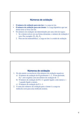 9
Números de oxidação
• O número de oxidação para um íon: é a carga no íon.
• O número de oxidação para um átomo: é a carga hipotética que um
átomo teria se fosse um íon.
• Os números de oxidação são determinados por uma série de regras:
1. Se o átomo estiver em sua forma elementar, o número de oxidação é
zero. Por exemplo, Cl2, H2, P4.
2. Para um íon monoatômico, a carga no íon é o estado de oxidação.
Números de oxidação
1. Os não-metais normalmente têm números de oxidação negativos:
a) O número de oxidação do O geralmente é –2. O íon peróxido,
O2
2-, tem oxigênio com um número de oxidação de –1.
b) O número de oxidação do H é +1 quando ligado a não-metais e –
1 quando ligado a metais.
c) O número de oxidação do F é –1.
2. A soma dos números de oxidação para o átomo é a carga na
molécula (zero para uma molécula neutra).
 