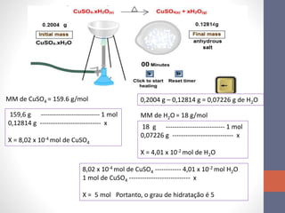 MM de CuSO4 = 159.6 g/mol
159,6 g --------------------------- 1 mol
0,12814 g ---------------------------- x
X = 8,02 x 10-4 mol de CuSO4
MM de H2O = 18 g/mol
18 g --------------------------- 1 mol
0,07226 g ---------------------------- x
X = 4,01 x 10-2 mol de H2O
0,2004 g – 0,12814 g = 0,07226 g de H2O
8,02 x 10-4 mol de CuSO4 ------------ 4,01 x 10-2 mol H2O
1 mol de CuSO4 ---------------------------- x
X = 5 mol Portanto, o grau de hidratação é 5
 