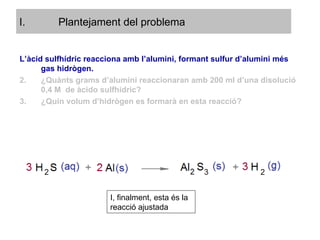 L’àcid sulfhídric reacciona amb l’alumini, formant sulfur d’alumini més gas hidrògen. ¿Quànts grams d’alumini reaccionaran amb 200 ml d’una disolució 0,4 M  de àcido sulfhídric? ¿Quin volum d’hidrògen es formarà en esta reacció? I, finalment, esta és la reacció ajustada Plantejament del problema 