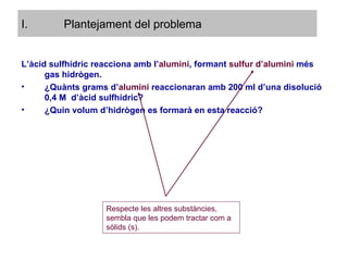 Plantejament del problema L’àcid sulfhídric reacciona amb l’ alumini , formant  sulfur d’alumini  més gas hidrògen. ¿Quànts grams d’ alumini  reaccionaran amb 200 ml d’una disolució 0,4 M  d’àcid sulfhídric? ¿Quin volum d’hidrògen es formarà en esta reacció? Respecte les altres substàncies, sembla que les podem tractar com a sòlids (s). 