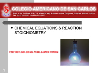  CHEMICAL  EQUATIONS & REACTION
        STOICHIOMETRY



    PROFESOR: QBA MIGUEL ÁNGEL CASTRO RAMÍREZ




1
 