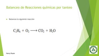 Balanceo de Reacciones químicas por tanteo
 Balancea la siguiente reacción
18
Nancy Reyes
 