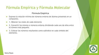 Fórmula Empírica y Fórmula Molecular
Fórmula Empírica
 Expresa la relación mínima de números enteros de átomos presentes en un
compuesto.
 1. Obtener los moles de cada elemento
 2. Convertir los mismos a números enteros dividiendo cada uno de ellos entre
el número más pequeño.
 3. Colocar los números resultantes como subíndice en cada símbolo del
elemento.
20
Nancy Reyes
 