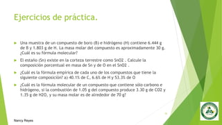 Ejercicios de práctica.
 Una muestra de un compuesto de boro (B) e hidrógeno (H) contiene 6.444 g
de B y 1.803 g de H. La masa molar del compuesto es aproximadamente 30 g.
¿Cuál es su fórmula molecular?
 El estaño (Sn) existe en la corteza terrestre como SnO2 . Calcule la
composición porcentual en masa de Sn y de O en el SnO2 .
 ¿Cuál es la fórmula empírica de cada uno de los compuestos que tiene la
siguiente composición? a) 40.1% de C, 6.6% de H y 53.3% de O
 ¿Cuál es la fórmula molecular de un compuesto que contiene sólo carbono e
hidrógeno, si la combustión de 1.05 g del compuesto produce 3.30 g de CO2 y
1.35 g de H2O, y su masa molar es de alrededor de 70 g?
25
Nancy Reyes
 