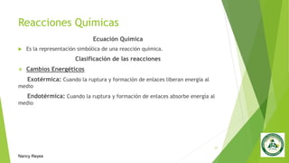 Reacciones Químicas
Ecuación Química
 Es la representación simbólica de una reacción química.
Clasificación de las reacciones
 Cambios Energéticos
Exotérmica: Cuando la ruptura y formación de enlaces liberan energía al
medio
Endotérmica: Cuando la ruptura y formación de enlaces absorbe energía al
medio
27
Nancy Reyes
 