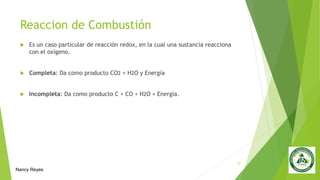 Reaccion de Combustión
 Es un caso particular de reacción redox, en la cual una sustancia reacciona
con el oxígeno.
 Completa: Da como producto CO2 + H2O y Energía
 Incompleta: Da como producto C + CO + H2O + Energía.
31
Nancy Reyes
 