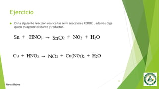 Ejercicio
 En la siguiente reacción realice las semi reacciones REDOX , además diga
quien es agente oxidante y reductor.
32
Nancy Reyes
 