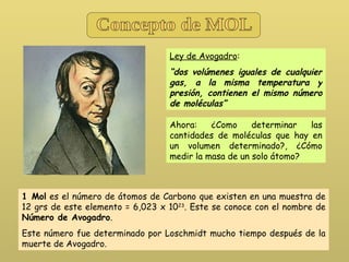 Ley de Avogadro : “ dos volúmenes iguales de cualquier gas, a la misma temperatura y presión, contienen el mismo número de moléculas” Ahora: ¿Como determinar las cantidades de moléculas que hay en un volumen determinado?, ¿Cómo medir la masa de un solo átomo? 1 Mol  es el número de átomos de Carbono que existen en una muestra de 12 grs de este elemento = 6,023 x 10 23 . Este se conoce con el nombre de  Número de Avogadro . Este número fue determinado por Loschmidt mucho tiempo después de la muerte de Avogadro. Concepto de MOL 