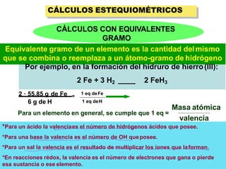 CÁLCULOS ESTEQUIOMÉTRICOS
Equivalente gramo de un elemento es la cantidad delmismo
que se combina o reemplaza a un átomo-gramo de hidrógeno
Por ejemplo, en la formación del hidruro de hierro(III):
2 Fe + 3 H2 2 FeH3
2 · 55,85 g de Fe =
6 g de H
1 eq deFe
1 eq deH
CÁLCULOS CON EQUIVALENTES
GRAMO
Masa atómica
valencia
Para un elemento en general, se cumple que 1 eq =
*Para un ácido la valenciaes el número de hidrógenos ácidos que posee.
*Para una base la valencia es el número de OH queposee.
*Para un sal la valencia es el resultado de multiplicar los iones que laforman.
*En reacciones rédox, la valencia es el número de electrones que gana o pierde
esa sustancia o ese elemento.
 