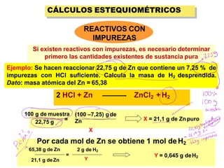 CÁLCULOS ESTEQUIOMÉTRICOS
X = 21,1 g de Znpuro
100 g de muestra
22,75 g =
(100 –7,25) g de
Zn
REACTIVOS CON
IMPUREZAS
Si existen reactivos con impurezas, es necesario determinar
primero las cantidades existentes de sustancia pura
Ejemplo: Se hacen reaccionar 22,75 g de Zn que contiene un 7,25 % de
impurezas con HCl suficiente. Calcula la masa de H2 desprendida.
Dato: masa atómica del Zn = 65,38
2 HCl + Zn ZnCl2 + H2
Y = 0,645 g deH2
=
X
Por cada mol de Zn se obtiene 1 mol deH2
65,38 g de Zn 2 g de H2
Y
21,1 g deZn
 
