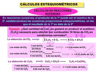 CÁLCULOS ESTEQUIOMÉTRICOS
2 C2H2 + 5 O2 4 CO2 + 2H2O
CÁLCULOS EN REACCIONES
SUCESIVAS
En reacciones sucesivas, el producto de la 1ª puede ser el reactivo de la
2ª, estableciéndose las sucesivas proporciones estequiométricas, en las
que el resultado de la 1ª es dato de la 2ª
Ejemplo: ¿Qué cantidad de CaC2 se gastará en producir el acetileno
(C2H2) necesario para obtener por combustión 10 litros de CO2 en
condiciones normales?
n = 0,44 moles deCO2
1 mol deCO2
22,4 litros
n
=
10 litros
Los moles de CO2:
Los moles deC2H2: n´ = 0,22 moles de C H
2 2
2 mol de C2H2
= n´
4 mol deCO2 0,44 mol deCO 2
La obtención de CO2
C2H2 +Ca(OH)2
La obtención de C2H2 CaC2 + 2H2O
1 mol de CaC2
= X
1 mol de C H
2 2 0,22 mol de C H
2 2
X = 0,22 moles deCaC2
 