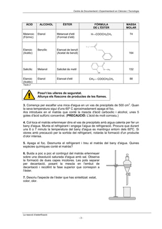 Centre de Documentació i Experimentació en Ciències i Tecnologia




   ÀCID          ALCOHOL          ÈSTER                            FÓRMULA                       MASSA
                                                                  DE L’ÈSTER                     MOLAR

Metanoic       Etanol        Metanoat d'etil                     HCOOCH2CH3                        74
(Fòrmic)                     (Formiat d’etil)

                                                                    O

                                                          H 3C

Etanoic        Benzílic      Etanoat de benzil                      O

(Acètic)                     (Acetat de benzil)                                                     164


                                                                             O



Salicílic      Metanol       Salicilat de metil                              O   CH3                152
                                                                        OH



Etanoic        Etanol        Etanoat d'etil                  CH3 COOCH2CH3                         88
(Acètic)
Taula 2


               Posa’t les ulleres de seguretat.
               Allunya els flascons de productes de les flames.

3. Comença per escalfar una mica d'aigua en un vas de precipitats de 500 cm3. Quan
la seva temperatura sigui d'uns 60º C aproximadament apaga el foc.
Ara introdueix en el matràs que conté la mescla d'àcid carboxílic i alcohol, unes 5
gotes d'àcid sulfúric concentrat. (PRECAUCIÓ: L'àcid és molt corrosiu.)

4. Col·loca el matràs erlenmeyer dins el vas de precipitats amb aigua calenta per fer un
bany d'aigua. Munta el refrigerant i engega l’aigua de refrigeració. Procura que durant
uns 6 o 7 minuts la temperatura del bany d'aigua es mantingui entorn dels 60ºC. Si
olores amb precaució per la sortida del refrigerant, notaràs la formació d'un producte
d’olor intensa.

5. Apaga el foc. Desmunta el refrigerant i treu el matràs del bany d'aigua. Quines
espècies químiques conté el matràs?

6. Buida a poc a poc el contingut del matràs erlenmeyer
sobre una dissolució saturada d'aigua amb sal. Observa
la formació de dues capes incolores. Les pots separar
per decantació, posant la mescla en l’embut de
decantació i recollint la fase superior que correspon a
l’èster.

7. Descriu l'aspecte de l’èster que has sintetitzat: estat,
color, olor.




La reacció d’esterificació
                                                   -3-
 
