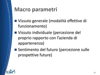 Macro parametri
Vissuto generale (modalità effettive di
funzionamento)
 Vissuto individuale (percezione del
proprio rappo...
