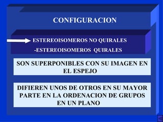 CONFIGURACION - ESTEREOISOMEROS NO QUIRALES -ESTEREOISOMEROS  QUIRALES SON SUPERPONIBLES CON SU IMAGEN EN EL ESPEJO  DIFIEREN UNOS DE OTROS EN SU MAYOR PARTE EN LA ORDENACION DE GRUPOS EN UN PLANO  