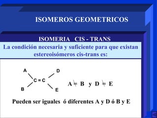 ISOMEROS GEOMETRICOS ISOMERIA  CIS - TRANS La condición necesaria y suficiente para que existan estereoisómeros cis-trans es: Pueden ser iguales  ó diferentes A y D ó B y E A =  B  y  D  =  E 