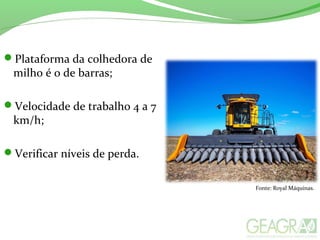 Fonte: Royal Máquinas.
Plataforma da colhedora de
milho é o de barras;
Velocidade de trabalho 4 a 7
km/h;
Verificar níveis de perda.
 