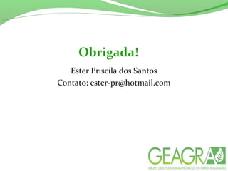 Obrigada!
Ester Priscila dos Santos
Contato: ester-pr@hotmail.com
 