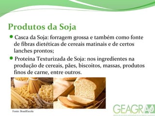 Produtos da Soja
Casca da Soja: forragem grossa e também como fonte
de fibras dietéticas de cereais matinais e de certos
lanches prontos;
Proteína Texturizada de Soja: nos ingredientes na
produção de cereais, pães, biscoitos, massas, produtos
finos de carne, entre outros.
Fonte: BrasilEscola
 
