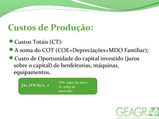 Custos de Produção:
Custos Totais (CT):
A soma do COT (COE+Depreciações+MDO Familiar);
Custo de Oportunidade do capital investido (juros
sobre o capital) de benfeitorias, máquinas,
equipamentos.
JA= (VN-S)/2 . i
VN= valor de novo
S= valor de
mercado;
i=Juros
 