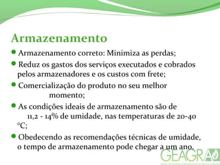 Armazenamento correto: Minimiza as perdas;
Reduz os gastos dos serviços executados e cobrados
pelos armazenadores e os custos com frete;
Comercialização do produto no seu melhor
momento;
As condições ideais de armazenamento são de
11,2 - 14% de umidade, nas temperaturas de 20-40
°C;
Obedecendo as recomendações técnicas de umidade,
o tempo de armazenamento pode chegar a um ano.
Armazenamento
 