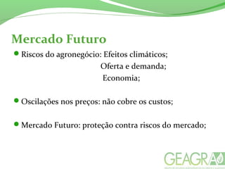 Mercado Futuro
Riscos do agronegócio: Efeitos climáticos;
Oferta e demanda;
Economia;
Oscilações nos preços: não cobre os custos;
Mercado Futuro: proteção contra riscos do mercado;
 