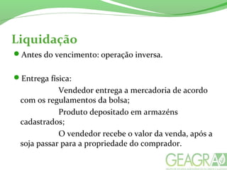 Liquidação
Antes do vencimento: operação inversa.
Entrega física:
Vendedor entrega a mercadoria de acordo
com os regulamentos da bolsa;
Produto depositado em armazéns
cadastrados;
O vendedor recebe o valor da venda, após a
soja passar para a propriedade do comprador.
 